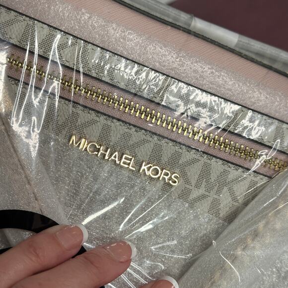 MICHAEL KORS Jet Set Large Logo Crossbody Bag MK Logo White Pink Gray Gold NWT - Picture 4 of 13